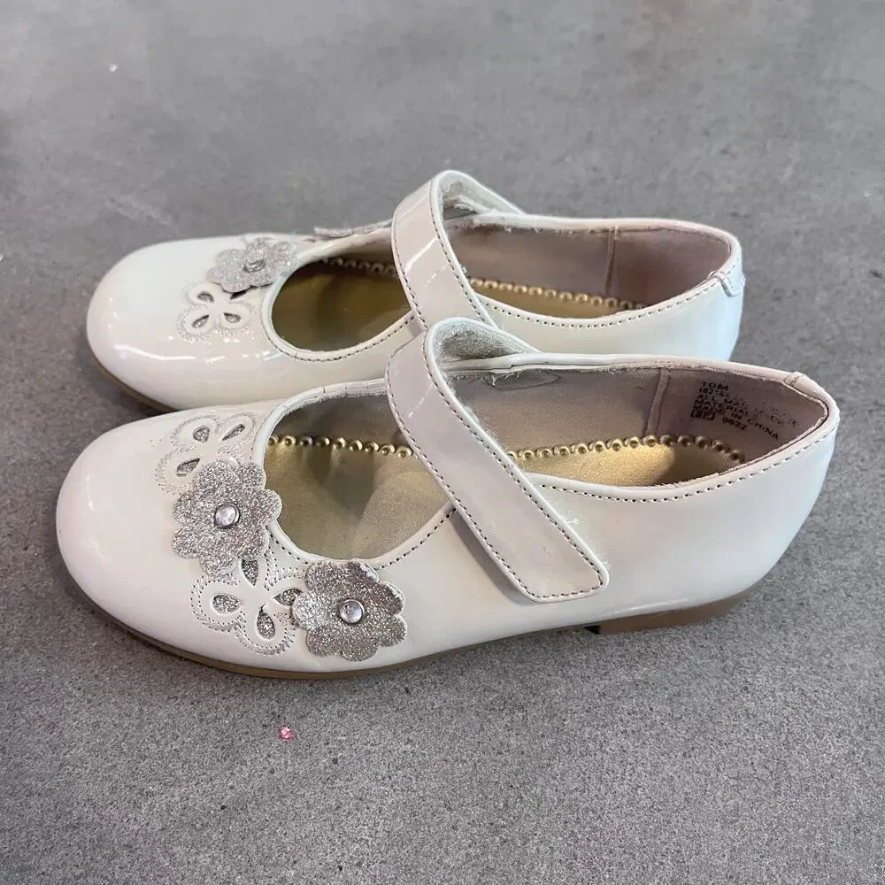 Rachel Shoes beige cream gold flowers mary jane dress shoes toddler girl size 10